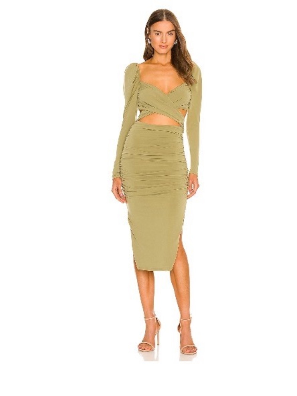 MAJORELLE Olive Green Long Sleeve Cutout Midi Dress